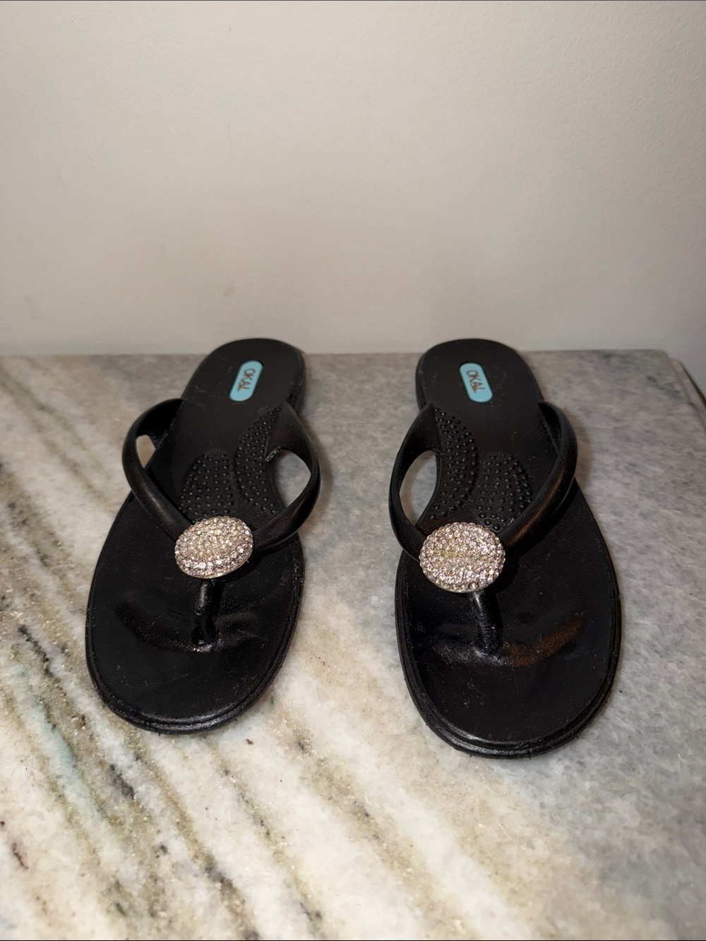 Black Jeweled Thong Sandals with Sparkling Medallions